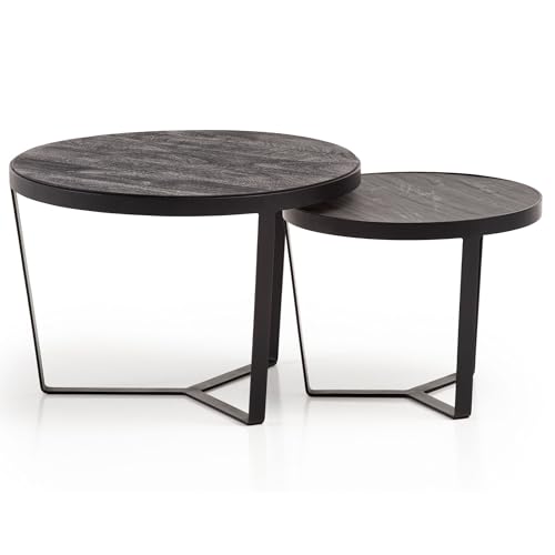 FineBuy Couchtisch 2er Set Akazie Massivholz/Steinoptik Wohnzimmertisch Rund, Satztisch mit Metallgestell, Kaffeetisch Modern, Sofatisch Verschachtelungstisch 2-teilig von FineBuy Möbel zum Wohlfühlen