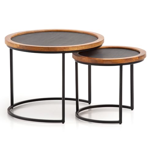 FineBuy Couchtisch 2er Set Mango Massivholz/Steinoptik Wohnzimmertisch Rund, Satztisch mit Metallgestell, Kaffeetisch Modern, Sofatisch Verschachtelungstisch 2-teilig Braun/Anthrazit von FineBuy Möbel zum Wohlfühlen