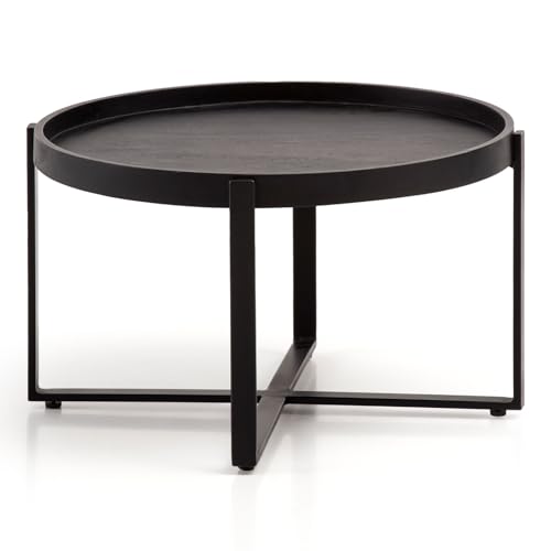 FineBuy Couchtisch 60x60x35 cm Mango Massivholz/Metall Schwarz Sofatisch Rund, Design Wohnzimmertisch mit erhöhtem Rand, Industrial Kaffeetisch Wohnzimmer Modern von FineBuy Möbel zum Wohlfühlen