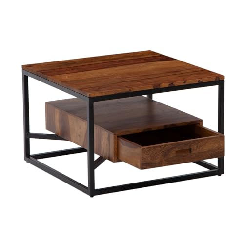 FineBuy Couchtisch 60x60x40 cm Sheesham Massivholz/Metall Sofatisch Quadratisch, Design Wohnzimmertisch Kaffeetisch Massiv mit Schublade, Kleiner Tisch Beistelltisch Wohnzimmer Modern von FineBuy Möbel zum Wohlfühlen