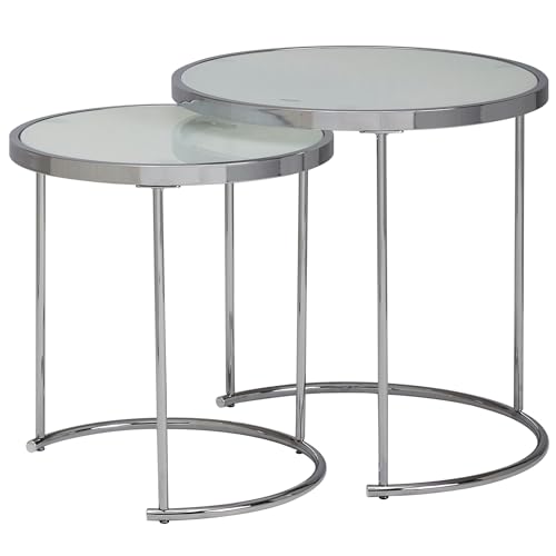 FineBuy Design Beistelltisch Rund Ø 50/42 cm - 2 teilig Weiß Silber mit Glasplatte, Wohnzimmertisch 2er Set, Satztisch Milchglas, Couchtisch von FineBuy Möbel zum Wohlfühlen