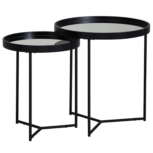 FineBuy Design Beistelltisch Rund Ø 50/36 cm - 2 teilig Schwarz mit Spiegel Glasplatte, Wohnzimmertisch 2er Set, Satztisch verspiegelt, Couchtisch von FineBuy Möbel zum Wohlfühlen