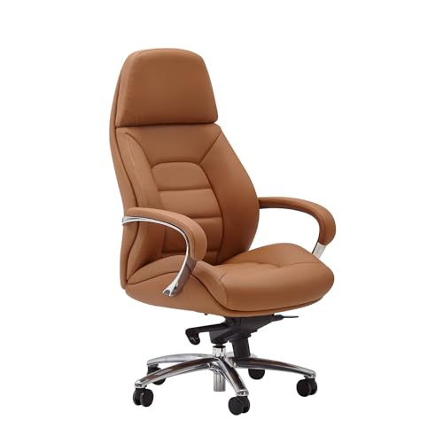 FineBuy Design Bürostuhl Bezug Echtleder Caramel Schreibtischstuhl bis 120 kg, XXL Design Chefsessel höhenverstellbar, Drehstuhl ergonomisch mit Armlehnen & hoher Rückenlehne, Wippfunktion von FineBuy Möbel zum Wohlfühlen