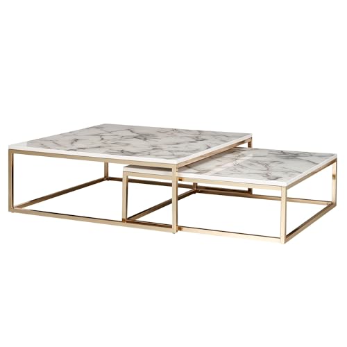FineBuy Design Couchtisch 2er Set Weiß Marmor Optik Eckig, Couchtische 2-teilig Tischgestell Metall Gold, Edle Wohnzimmertische, Moderne Satztische von FineBuy Möbel zum Wohlfühlen