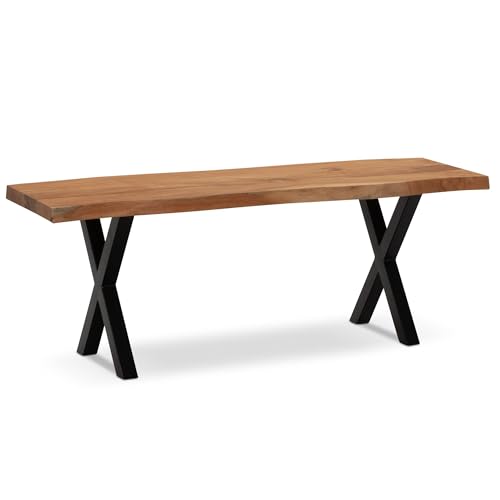 FineBuy Garderobenbank 120x40x45,5 cm Akazie Massivholz/Metall mit Baumkante, Sitzbank Flur Holzbank Massiv ohne Lehne, Flurbank Modern Eingangsbereich Klein X-Beine Schwarz von FineBuy Möbel zum Wohlfühlen