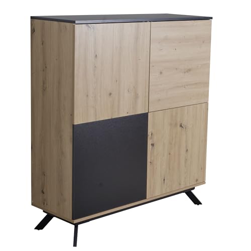 FineBuy Highboard 110x125x40 cm MDF Sideboard in Eiche-Dekor/Schwarz, Kommode mit 4 Türen, Kommodenschrank Flurschrank Modern, Standschrank Anrichte mit Metallbeine von FineBuy Möbel zum Wohlfühlen
