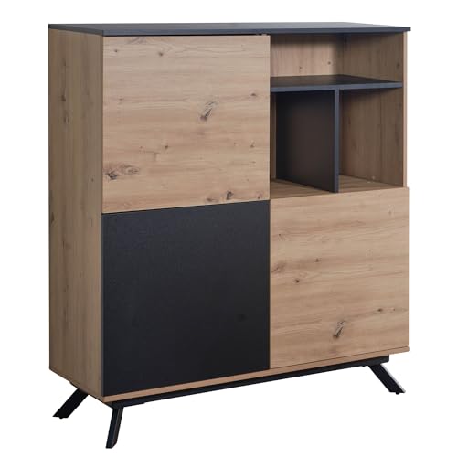 FineBuy Highboard 110x129x40 cm MDF Sideboard in Eiche-Dekor/Schwarz, Kommode mit 3 Türen, Kommodenschrank mit Regal, Flurschrank Modern, Standschrank Anrichte mit Metallbeine von FineBuy Möbel zum Wohlfühlen