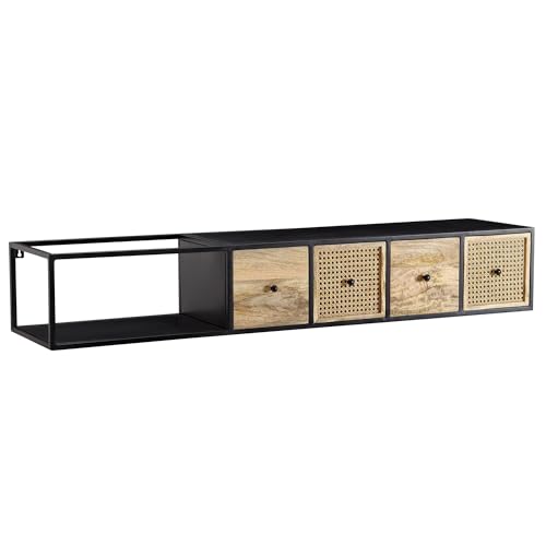 FineBuy Lowboard Hängend Mango Massivholz/Metall 150x25x35 cm TV-Schrank Schwarz, Design Fernsehtisch Wiener Geflecht Modern, Fernsehschrank Wand, TV-Kommode Fernsehkommode zum Aufhängen von FineBuy Möbel zum Wohlfühlen