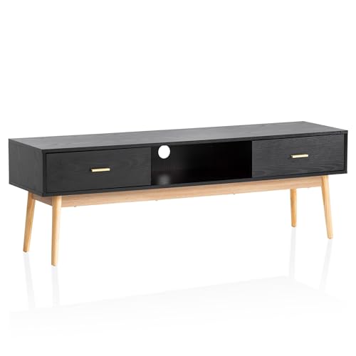 FineBuy Lowboard Schwarz mit Eiche-Dekor 150x50x40 cm TV-Kommode Modern, Design TV-Schrank Hoch, Fernsehtisch Fernsehschrank mit Schubladen & Ablagefach, Fernsehkommode Wohnzimmer von FineBuy Möbel zum Wohlfühlen