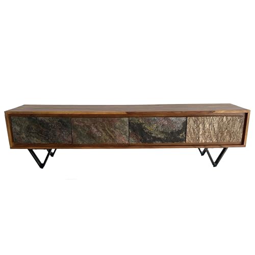 FineBuy Lowboard Sheesham Massivholz 160 cm, TV Board mit Front in Steinoptik & schwarzem Metallgestell, Fernsehschrank Industrial Design, TV Möbel Wohnzimmer Holz Metall von FineBuy Möbel zum Wohlfühlen