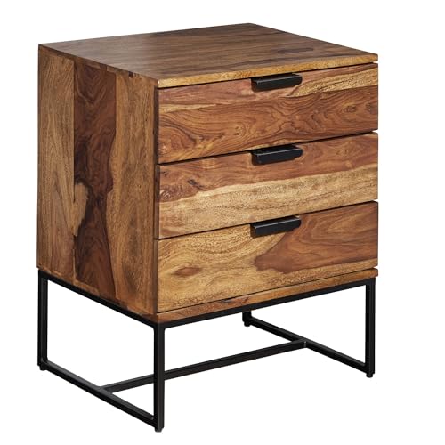 FineBuy Nachttisch Sheesham Massivholz/Metall 50x40x65 cm Nachtschrank Boxspringbett, Design Nachtkonsole mit 3 Schubladen, Nachtkommode Industrial mit Stauraum von FineBuy Möbel zum Wohlfühlen