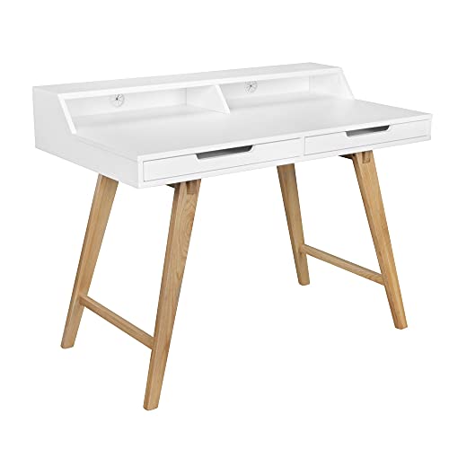 FineBuy Schreibtisch 110 x 85 x 60 cm MDF-Holz skandinavisch weiß matt Arbeitstisch, Design Laptoptisch mit Kabeldurchlass, Bürotisch mit Eiche-Beinen von FineBuy Möbel zum Wohlfühlen