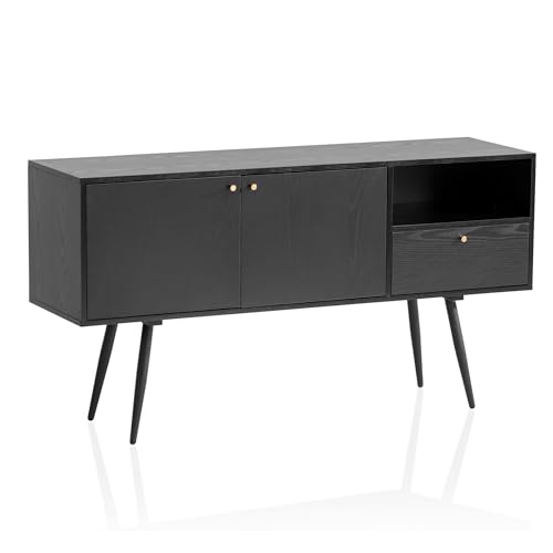 FineBuy Sideboard 140x75x40 cm Kommode Schwarz mit Eiche-Dekor Zeitlos, Hoher Kommodenschrank, Standschrank Wohnzimmer mit 2 Türen und Schublade, Anrichte mit offenem Fach von FineBuy Möbel zum Wohlfühlen