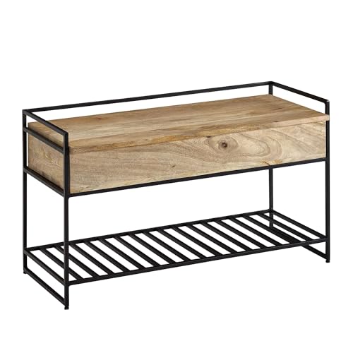 FineBuy Sitzbank mit Stauraum 90x52x38 cm Mango Massivholz/Metall Flurbank, Schuhbank mit Sitzfläche Klein, Schmale Garderobenbank mit Schuhregal von FineBuy Möbel zum Wohlfühlen