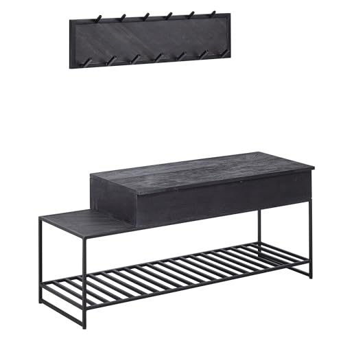 FineBuy Sitzbank mit Wandgarderobe Schwarz Mango Massivholz Schuhbank 110 cm, Design Garderoben-Set Industrial Flur, Garderobenbank mit Stauraum und Schuhregal, Flurbank mit Sitzfläche von FineBuy Möbel zum Wohlfühlen