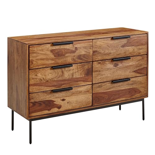 Massivholz Schubladenkommode FineBuy 120cm Sheesham Natur Kommode mit 6 Schubladen Sideboard Metall schwarz von FineBuy Möbel zum Wohlfühlen