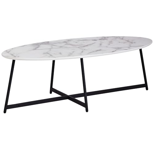 FineBuy Design Couchtisch Oval 120x60 cm mit Marmor Optik Weiß, Wohnzimmertisch mit Metall-Beine Schwarz, Großer Beistelltisch von FineBuy Möbel zum Wohlfühlen