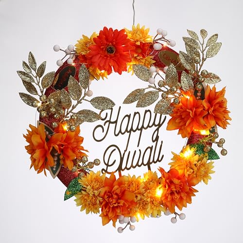 FineCheer Happy Diwali Dekoration Holz Diwali Türkranz mit Licht für Haustürschild Doppelseitiger Druck Willkommensschilder Festival Hängende Handwerk für Zuhause Bauernhaus Party Veranda Wand von FineCheer