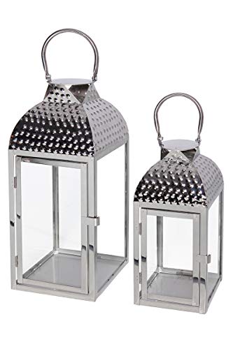 FineHome Traumhaftes 2er Set Luxus Gartenlaterne Edelstahl Silber Windlicht Laternen Set Höhe 35/46cm von FineHome