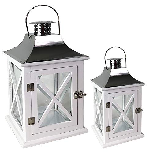 FineHome XXL 2er Laternen Set Gartenlaternen Stalllaternen Windlicht ca.18x18x38 cm + 26x26x49cm weiß Holz und Edelstahldach von FineHome