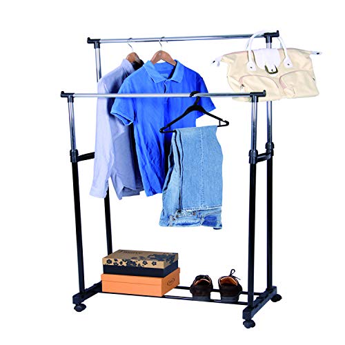 FineHome XXL fahrbarer Kleiderständer Gardarobenständer verstellbar inkl. Schuhablage und 2 Stangen 86x42x170cm von FineHome