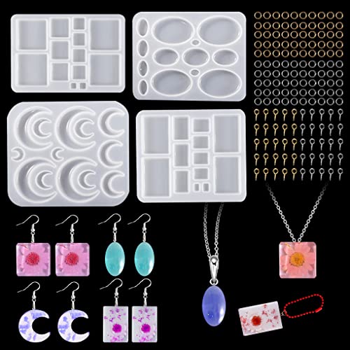 FineInno 4 Stuks Oorbellen Hars Mallen met 190 Stuks Jewelry Making Accessories Resin Earring Molds Hanger Siliconen Mal Maan Ovaal Epoxy Gietvorm voor DIY Sieraden Ketting von FineInno