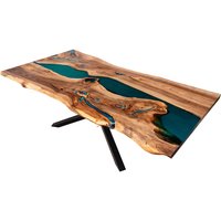 Live Edge Harz Fluss Esstisch Mit Türkis/Petrol Smaragd Und Echten Türkissteinen in Platziert von FineWooodenCreations