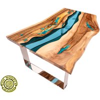 Live Edge River Couchtisch "Drei Steine' Mit Leuchtender Resin-Füllung Und Natürlichen Türkis-Steinen von FineWooodenCreations