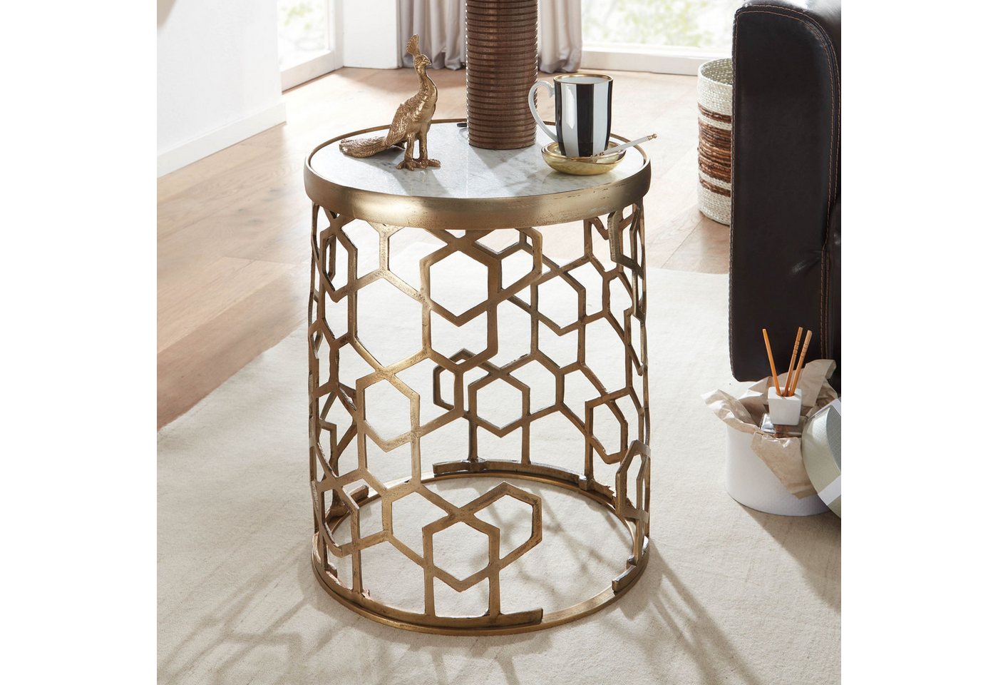 FINEBUY Beistelltisch Beistelltisch Sofatisch Echter Marmor Ø 44cm Tisch Wohnzimmertisch (Echter Marmor Weiß / Gold 46x46x55 cm Rund), Wohnzimmertisch Modern Hoch, Sofatisch Metall von FINEBUY