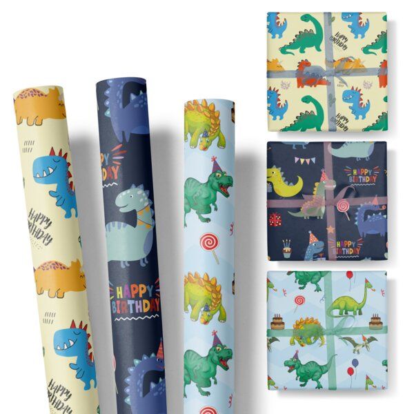Fines Papeterie 3x 3m Geschenkpapier HAPPY BIRTHDAY DINO Set für Kinder * 3 Rollen je 300x47 cm * Einpackpapier mit Dinosauriern von Fines Papeterie