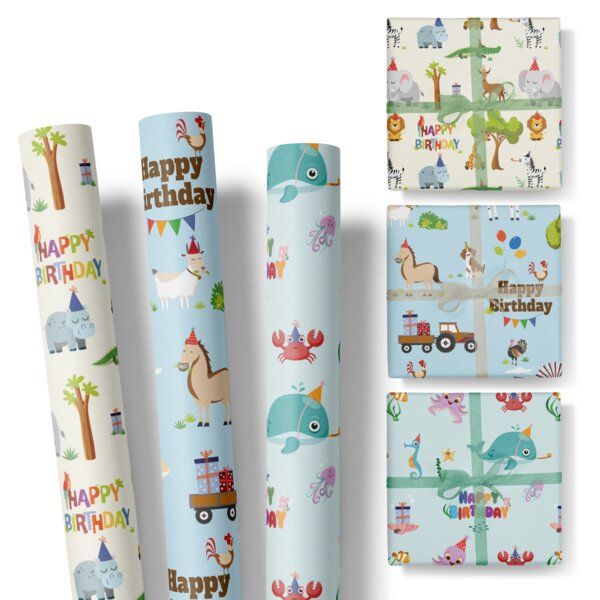 Fines Papeterie 3x 3m Geschenkpapier HAPPY BIRTHDAY ZOO Set für Kinder * 3 Rollen je 300x47 cm * Einpackpapier mit lustigen Tieren * Bauernhof * Safari * Meer von Fines Papeterie