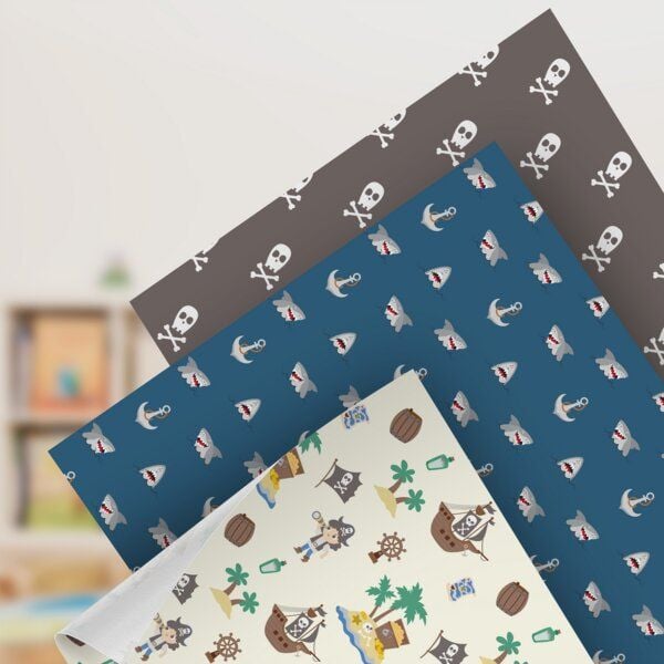 Fines Papeterie 3x 3m Geschenkpapier Set PIRATEN für Kinder * SET 5 mit Piraten, Totenköpfen und Haien * 3 Rollen je 300x47 cm * von Fines Papeterie