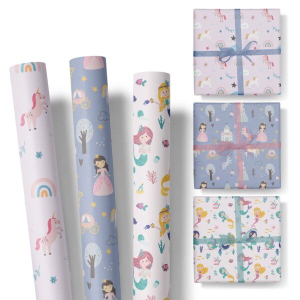 Fines Papeterie 3x 3m Geschenkpapier Set für Kinder * MÄRCHEN * SET 3 * mit Prinzessin, Meerjungfrau, Einhorn * 3 Rollen je 300x47 cm * von Fines Papeterie