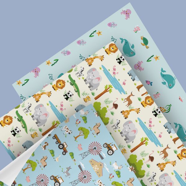 Fines Papeterie 3x 3m Geschenkpapier Set für Kinder * SET 2 mit Meer, Bauernhof und Safari Motiven * 3 Rollen je 300x47 cm * von Fines Papeterie