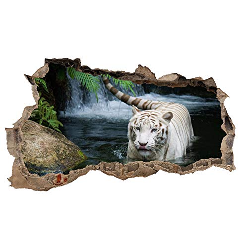 3D Wandtattoo Mauerloch Wandsticker Wandaufkleber Durchbruch Tiere selbstklebend H 60 x B 100 Schlafzimmer Wohnzimmer (WL32 Tiger Weiß) von Finest Folia