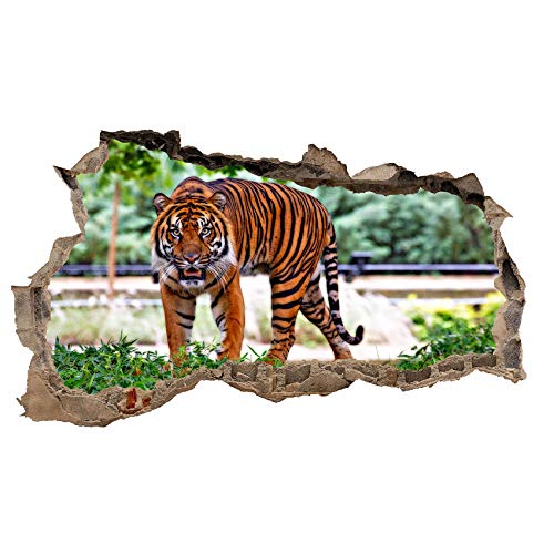 3D Wandtattoo Mauerloch Wandsticker Wandaufkleber Durchbruch Tiere selbstklebend H 60 x B 100 Schlafzimmer Wohnzimmer (WL35 Tiger) von Finest Folia