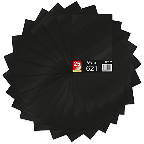 25 x Din A4 Bögen Plotterfolie 621/631 Selbstklebende Folie im Set Vinyl zum Plotten DIY Bastelfolie Sticker Beschriftung Aufkleber 29,7x21cm (Schwarz glanz, 25er Set) von Finest Folia