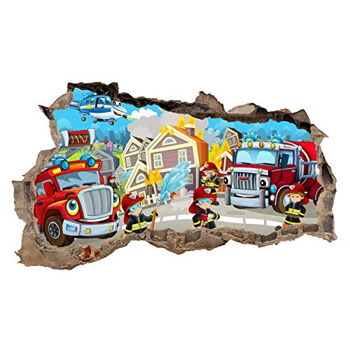 3D Wandtattoo Mauerloch Wandsticker Wandaufkleber Durchbruch Kinder selbstklebend H 60 x B 100 Schlafzimmer Kinderzimmer (WL50 Feuerwehr) von Finest Folia