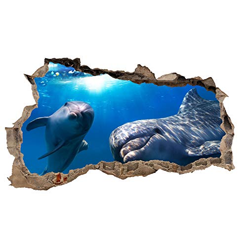 3D Wandtattoo Mauerloch Wandsticker Wandaufkleber Durchbruch Tiere selbstklebend H 60 x B 100 Schlafzimmer Wohnzimmer (WL02 Delfine) von Finest Folia