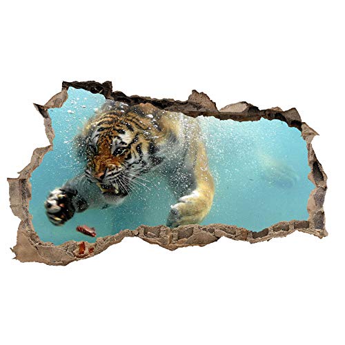 3D Wandtattoo Mauerloch Wandsticker Wandaufkleber Durchbruch Tiere selbstklebend H 60 x B 100 Schlafzimmer Wohnzimmer (WL36 Tiger im Wasser) von Finest Folia