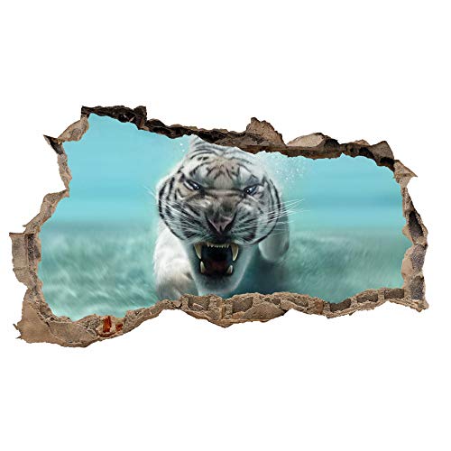 3D Wandtattoo Mauerloch Wandsticker Wandaufkleber Durchbruch Tiere selbstklebend H 60 x B 100 Schlafzimmer Wohnzimmer (WL37 Tiger im Wasser) von Finest Folia