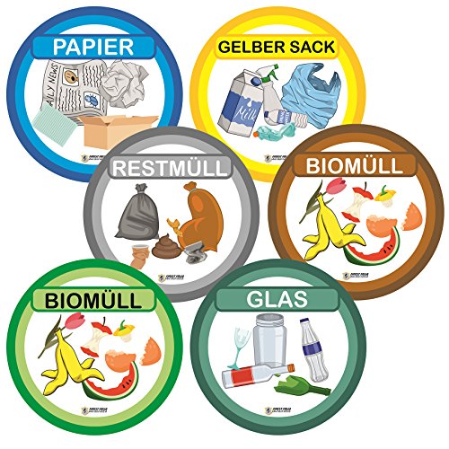 6er Set Bunt Mülltrennung Aufkleber Kratz- und Wetterfest - Finest Folia Ø je 100mm (R034) von Finest Folia