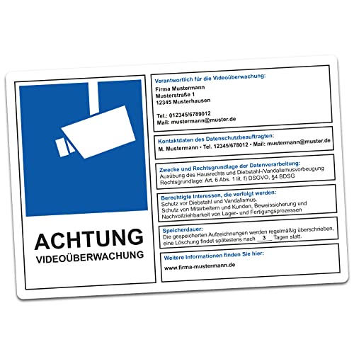 Achtung Videoüberwachung DSGVO BDSG Datenschutz Info Blau Video Überwachung Aufkleber Hinweis Schild Diebstahl R068 (Bereits ausgefüllt, 15x10 cm) von Finest Folia