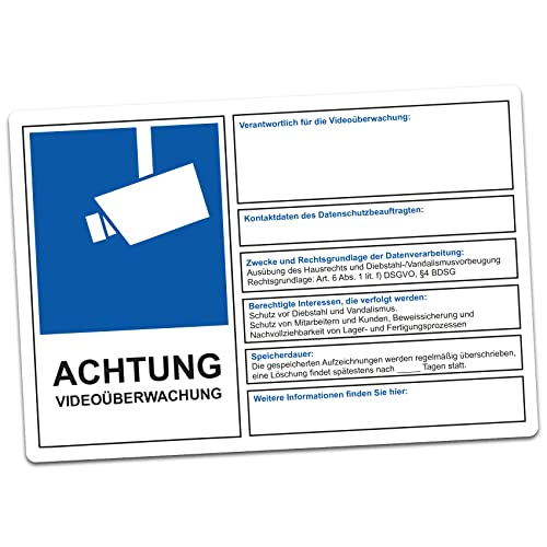 Achtung Videoüberwachung DSGVO BDSG Datenschutz Info Blau Video Überwachung Aufkleber Hinweis Schild Diebstahl R069 (Zum selbst ausfüllen, 30x20 cm) von Finest Folia