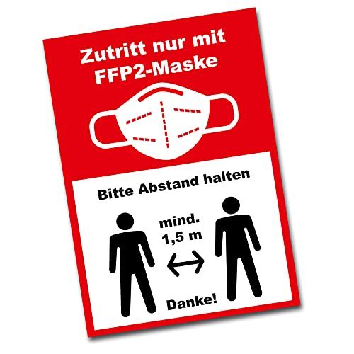 Aufkleber Zutritt nur mit FFP2 Maske Bitte Abstand halten mind. 1,5m Hinweis Sticker Hinweisschild für Einzelhandel Geschäfte Behörden Arztpraxis R162 (Eckig, Ohne Wunschtext) von Finest Folia