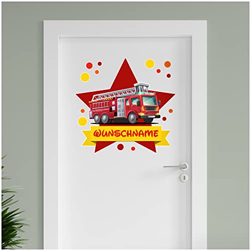 Finest Folia personalisierbarer Türaufkleber Wandtattoo Kinderzimmer für Tür Wand Mädchen Jungen Wandaufkleber mit Wunschname Wunschtext Türschild Aufkleber (03 Feuerwehrauto) von Finest Folia