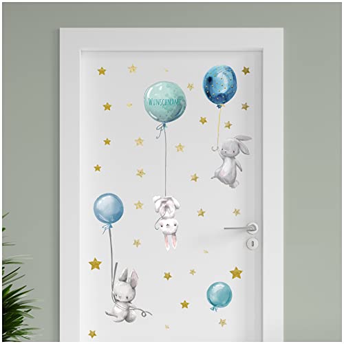 Finest Folia personalisierbarer Türaufkleber Wandtattoo Kinderzimmer für Tür Wand Mädchen Jungen Wandaufkleber mit Wunschname Wunschtext Türschild Aufkleber (18 Hasen Ballons Blau) von Finest Folia