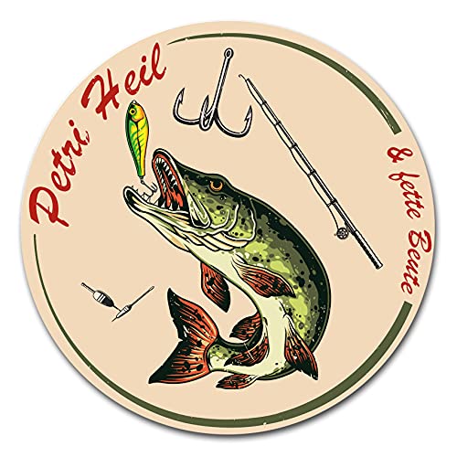 Fisch Aufkleber im Retro Stil 10x10cm Angeln Fischen Vintage Sticker für Auto Boot Angelkoffer Angel Zubehör wetterfest R164 (01 Hecht, Petri Heil) von Finest Folia