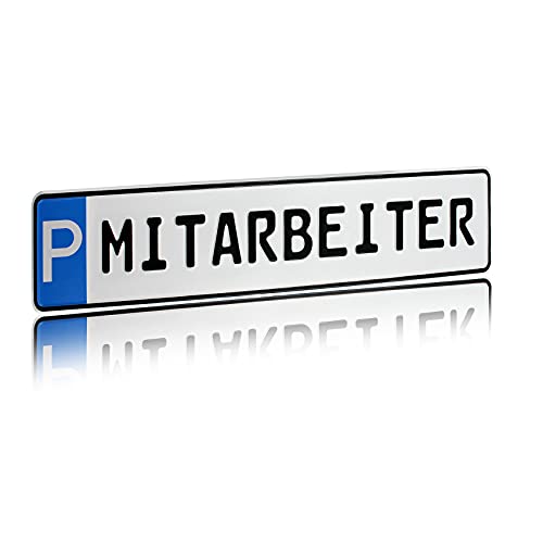 Individuelles Parkplatzschild 520x110mm mit P-Symbol aus Aluminium Wunschkennzeichen mit eigenem Text Wunschname für Parkplatz Schild (09 P - Mitarbeiter) von Finest Folia