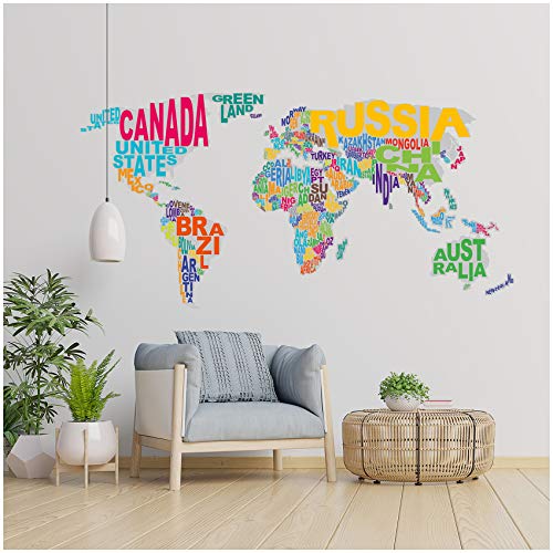 Wandtattoo Landkarte für Wohnzimmer Schlafzimmer oder Kinderzimmer selbstklebende Wandfolie Motiv Weltkarte (Schrift WW05) von Finest Folia